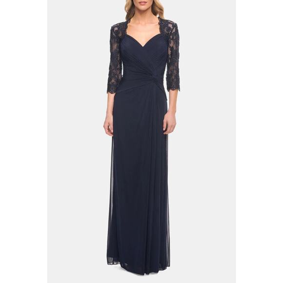 La Femme NWT Lace Sleeve Knot Detail Jersey Gown Dress Navy 23244 Size 6